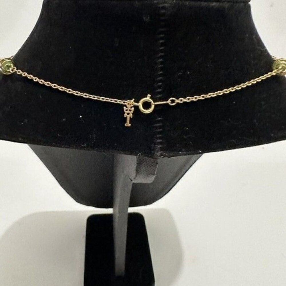 Vintage Signed Crown Trifari Gold Tone Dainty Chain Necklace Choker Green Beads - Picture 4 of 8